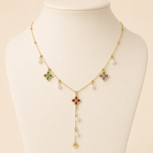 Collier Floréa en Y sur buste ivoire, trèfles multicolores et perles