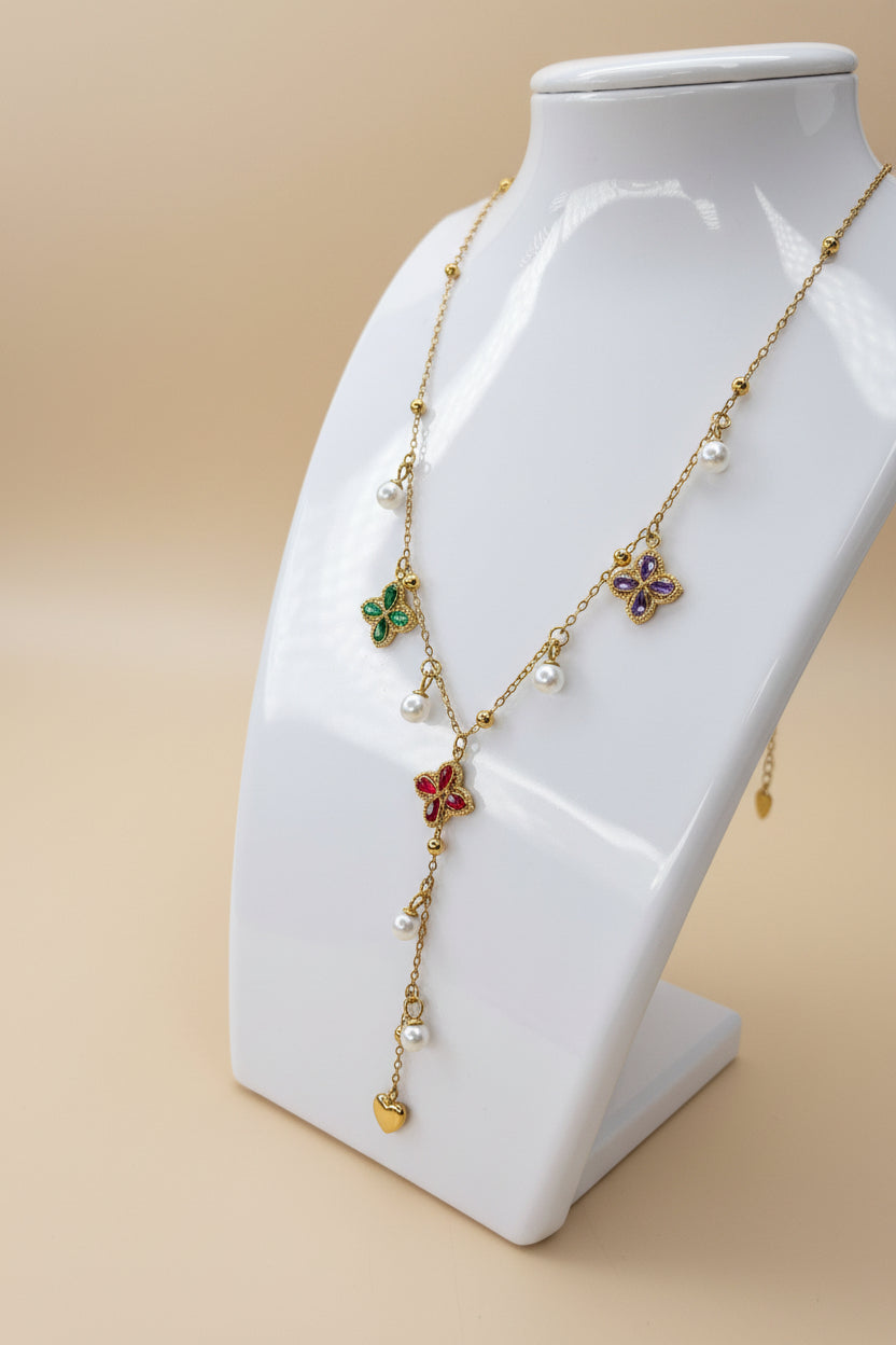 Floréa — Collier Y trèfles multicolores et perles